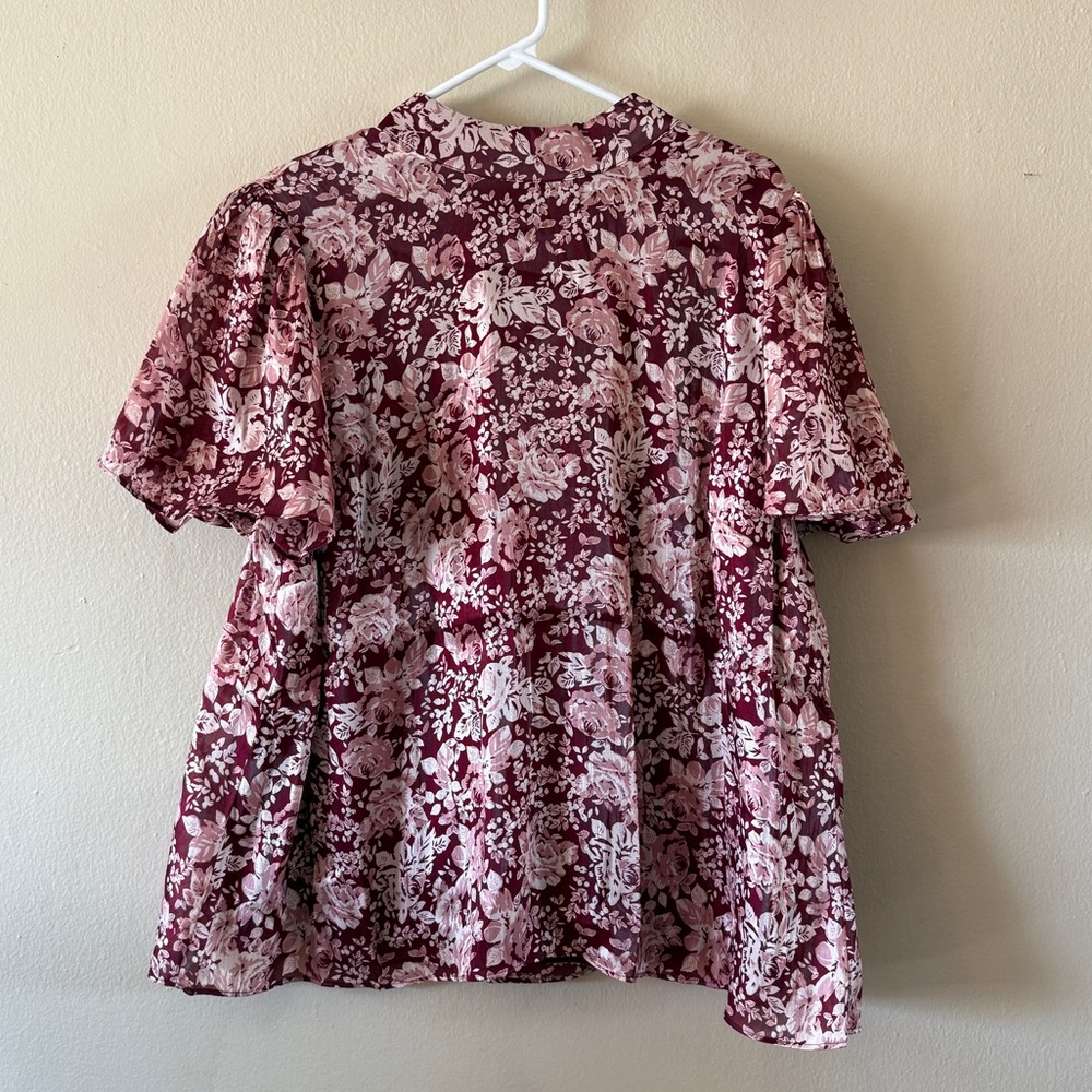 LC Lauren Conrad Burgundy Floral High Neck Ruffle Blouse Plus Size 2X Lined